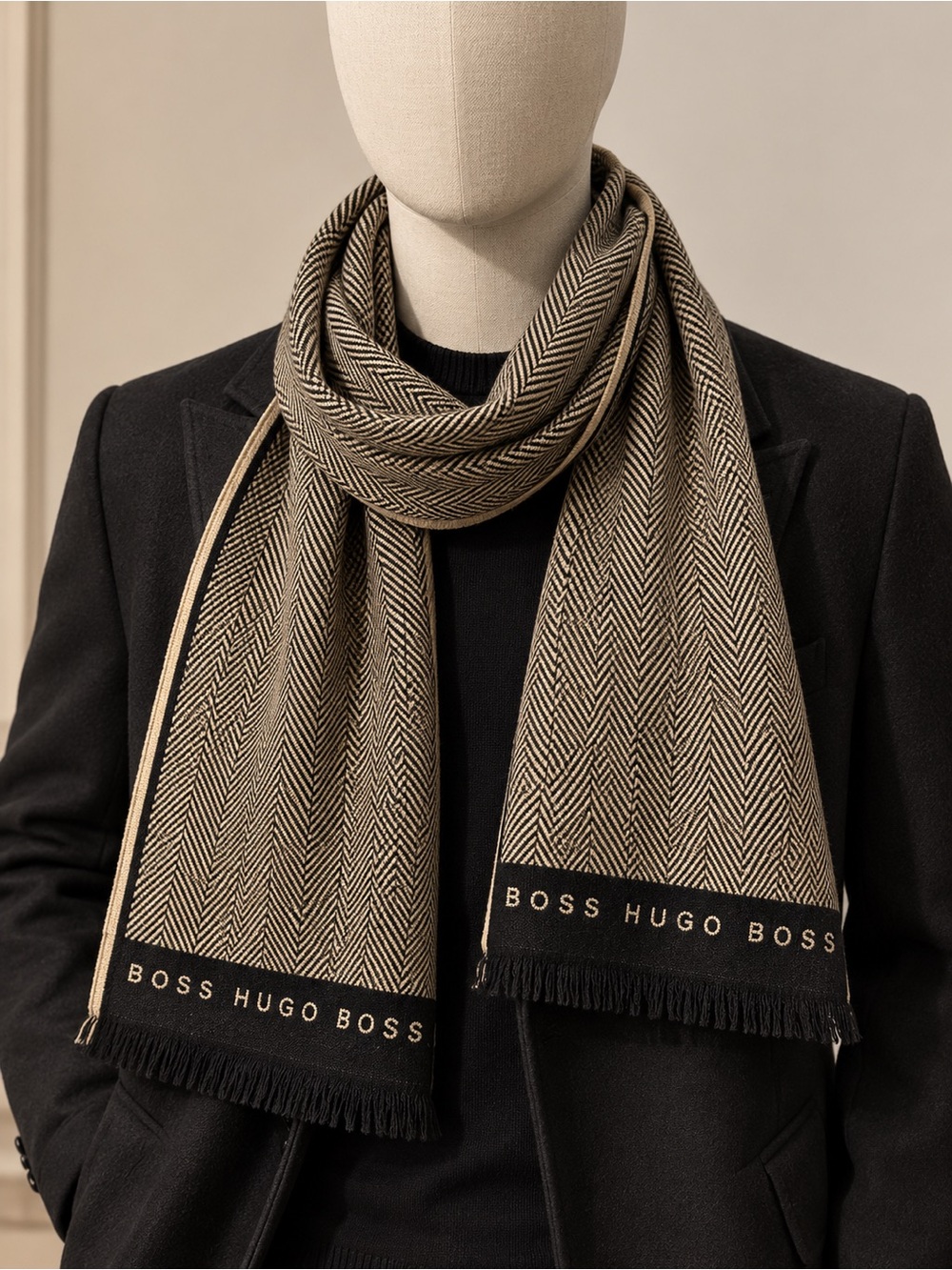 Hugo Boss Two-Tone Herringbone Scarf in Black and Beige